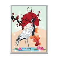 DesignArt 'Koi Fish со кран птица' фарма куќа врамена платно wallидна уметност печатење