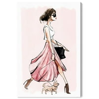 Пистата авенија мода и глам wallидна уметност платно печати „кучиња прошетка розова“ фустан - розов, бел
