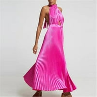 РК Дами Нова Еднобојна Плисирана Лента За Вратот Фустан Плус Големина Фустан Жешка Розова М