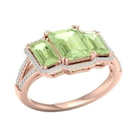 Империјал скапоцен камен 10К розово злато смарагд исечен зелена аметист КТ два дијамант три камени ореол подели женски прстен