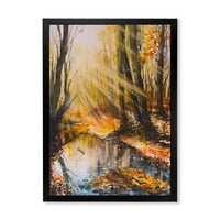 DesignArt 'Светло сонце низ езерската куќа на кафеавите шумски дрвја, врамени уметнички принт